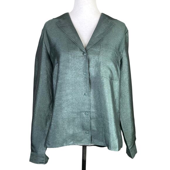 JUST Female Mae Shirt Jade Green Shiny Texture Button Up Long Sleeve Blouse - Picture 3 of 15